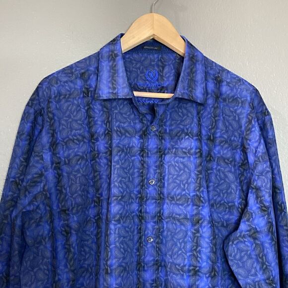 Bugatchi Uomo Dark Blue Medium Blue Plaid Paisley Print Button Down Dress Shirt - Picture 3 of 15